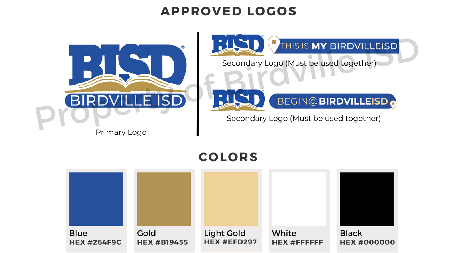 Birdville ISD logos and approved colors. Contact district for logos and details.