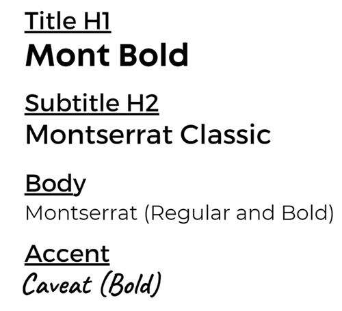 Font details: Mont Bold, H2 Montserrat Classic, Body Montserrat Regular and Bold and Accent Font - Caveat (Bold)